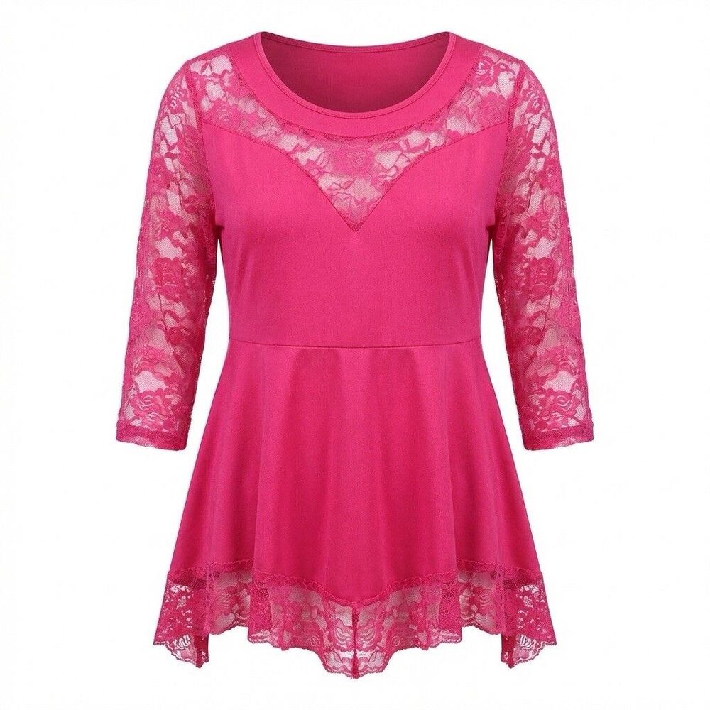Lapa Pink Lace Shirt Women's 3XL Polyester Stretchy 3/4 Sleeves Blouse Top Plus